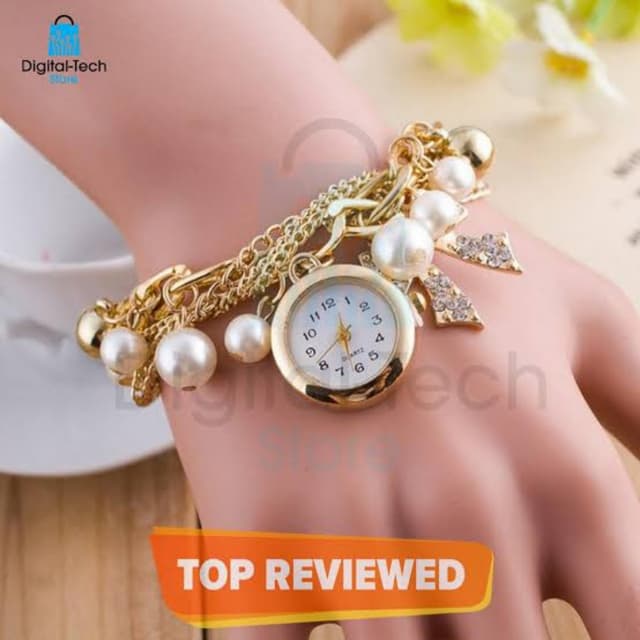Golden Watch Pearls Bracelet Watch For Girls - Golden Chain Ladies Bracelat